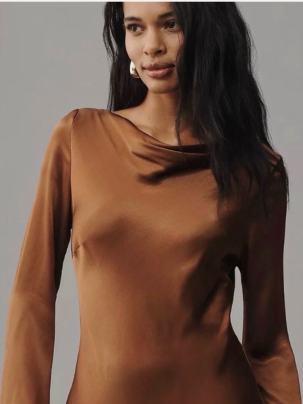 Anthropologie Bronze Satin Long Sleeve Mini Dress